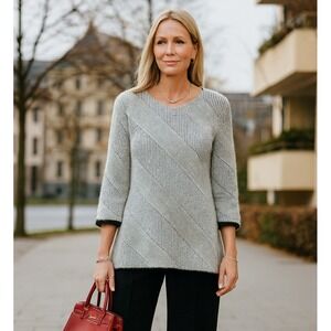 Chico's Diagonal Stripe White Black Fuzzy Sweater Size‎ L